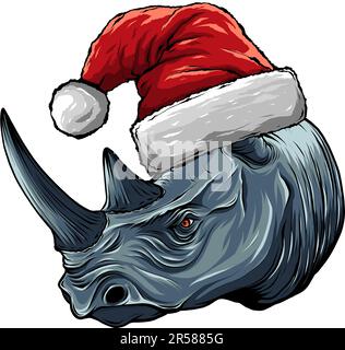 Vector color illustration of rhino in Santa Claus hat isolated on white background, Stock Vector