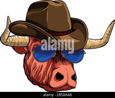 vector illustration of Bull head with sunglasses and hat Stock Vector