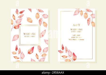 Wedding pemplates with red watercolor leaves. Gold frames. Vector EPS10 Stock Vector