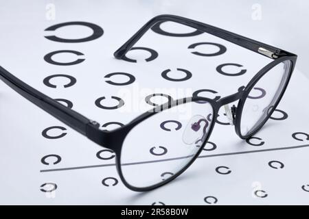 Black glasses on a eyesight test chart Stock Photo