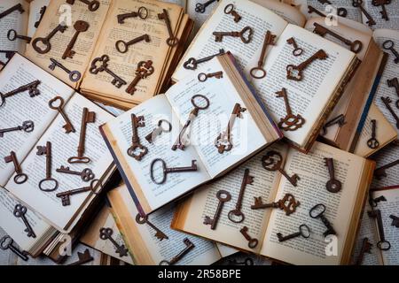 Opened Vintage Books And Antique Skeleton Keys Still Life Stock Photo