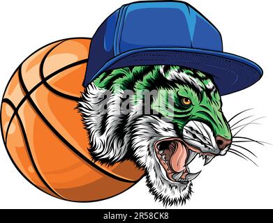 A Tiger angry animal sports mascot with a basketball ball Stock Vector