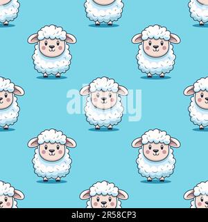 Vector Seamless Pattern with Funny Cute Sheep on Blue Background. Cartoon Sheep Seamless Texture, Textile, Wallpaper Design for Kids. Seamless Texture Stock Vector