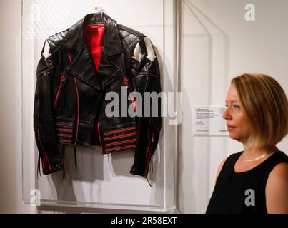 New York, United States. 01st June, 2023. Freddie Mercury's arrow leather stage jacket worn for Queen's first and only appearance on 'Saturday Night Live', 25 September 1982 C Mercury's last ever performance in the USA is on display as part of the Freddie Mercury: A World of His Own collection to be auctioned at Sotheby's in New York City on Thursday, June 1, 2023. Photo by John Angelillo/UPI Credit: UPI/Alamy Live News Stock Photo