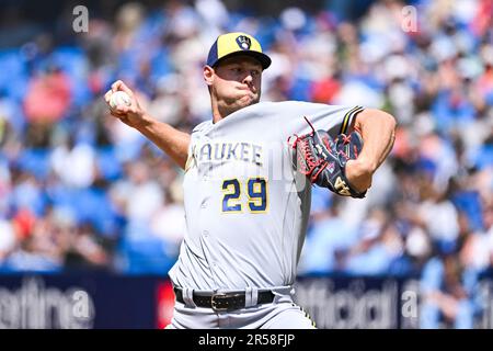 TORONTO, ON - JUNE 01: Milwaukee Brewers Catcher William Contreras (24)  waits for a pitch during the Milwaukee Brewers versus the Toronto Blue Jays  game on June 01, 2023, at Rogers Centre