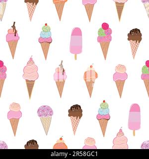 Hand drawn beautiful delicious ice creams seamless fabric design pattern Stock Vector