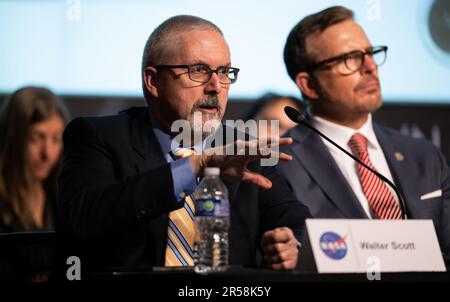 Washington, United States Of America. 31st May, 2023. Washington, United States of America. 31 May, 2023. Walter Scott, executive vice president and chief technology officer of Maxar, and member of the NASA independent study on unidentified anomalous phenomena asks a question during a public meeting of the task force at the Mary W. Jackson NASA Headquarters building, May 31, 2023 in Washington, DC Credit: Joel Kowsky/NASA/Alamy Live News Stock Photo