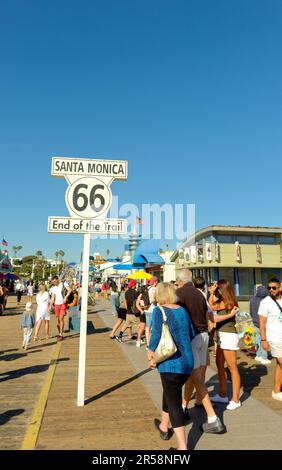 LOS ANGELES - April 20, 2023: The Santa Monica Pier contains an amusement park, concession stands, views and fishing. The pier is part of the greater Stock Photo