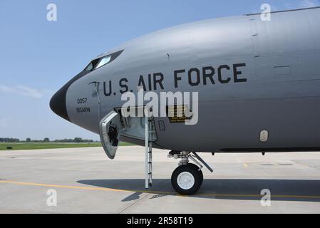 A U.S. Air Force KC-135 tail number 58-0057 assigned to the Iowa Air National’s 185th Air Refueling Wing with crew chief names displayed inside a silhouette of the state of Iowa on May 25, 2023. Crew chiefs assigned are Jamie Bethune, Augusta Ireland, Jeffery Seals, Lane Fotte, Dylan Hubert and Noah Oberreuter. U.S. Air National Guard photo Senior Master Sgt. Vincent De Groot Stock Photo