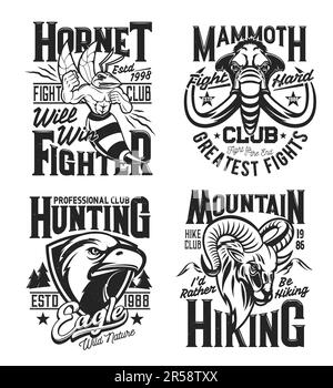 Bison, bighorn sheep ram and Cape buffalo hunting t-shirt vector prints.  Trophy hunting club mascot, hunter clothing print with retro typography,  Afri Stock Vector Image & Art - Alamy