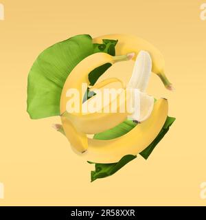 Delicious ripe banana fruits and leaves falling on pale yellow background Stock Photo