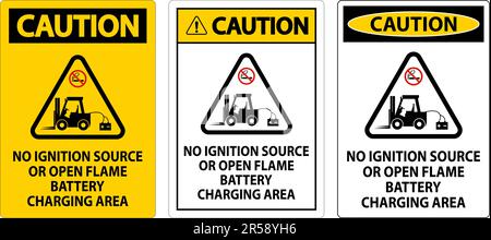 Caution Sign No Ignition Source Or Open Flame, Battery Charging Area Stock Vector