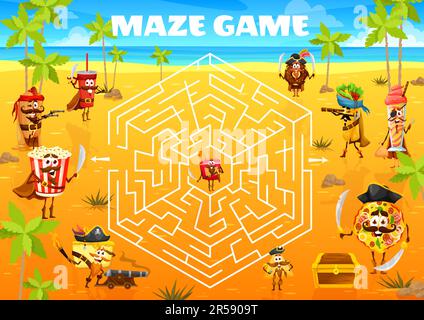 Labyrinth maze. Cartoon pirates fastfood characters on treasure island ...
