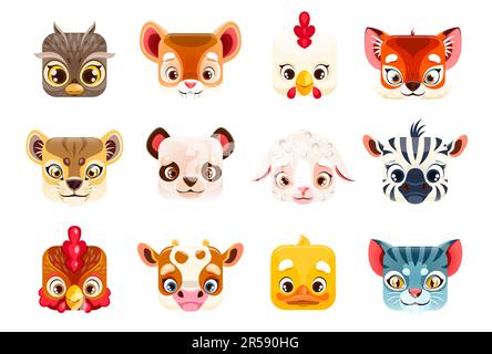 Kawaii animal faces, square cartoon cute zoo characters, vector icons of zebra and panda baby. Kids emoji stickers of lion, tiger and funny kawaii squ Stock Vector