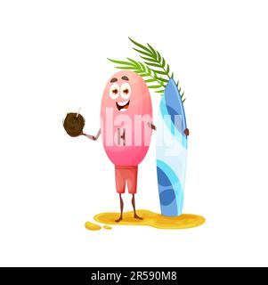 Cartoon vitamin H character with surfboard. Isolated vector biotin personage standing on sand holding coconut cocktail. Cheerful food supplement capsu Stock Vector
