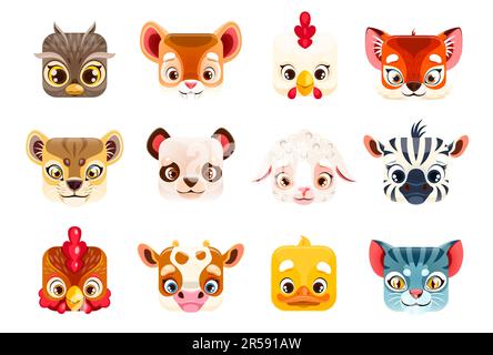 Kawaii animal faces, square cartoon cute zoo characters, vector icons of zebra and panda baby. Kids emoji stickers of lion, tiger and funny kawaii squ Stock Vector