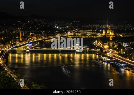 Night in Budapest, Hungary - The Danube River and Budapest Cityscape View from the Citadella Stock Photo