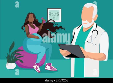 Pregnant woman visits her doctor, she is smiling and happy as everything is okay. Vector illustration Stock Vector