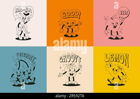 Retro Cartoon Character Fruit Poster Set. Vector Funny Comic Illustration with Banana, Cherry, Lemon, Strawberry, Watermelon and Peach in Trendy Groov Stock Vector