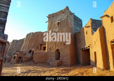 Saray Batu - the capital of the Golden Horde, reconstruction, Astrakhan region, residential buildings at sunset Stock Photo