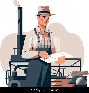 Construction worker holding blueprint over white Stock Vector