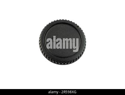 Swat, Pakistan - February 17, 2023: Canon lens cap closeup on white background Stock Photo