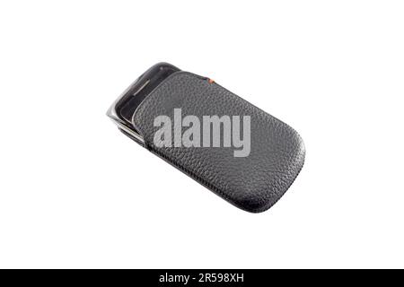 Mobile phone in a leather holster on white isolated background Stock Photo