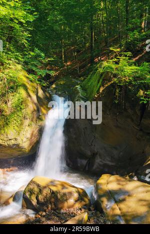 waterfall among the rocks in the forest. beautiful nature background in summertime. scenic park environment Stock Photo