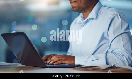 Hands, accountant and man typing on laptop, working on project and online research at night. Computer, hand and accounting professional, business Stock Photo