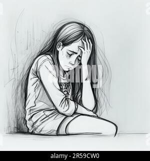 Cartoon draw with line art of young woman alone has a problem with Mental health, suffering from emotion loneliness, depression Stock Photo