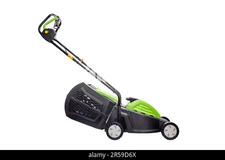 Garden electric lawn mower with a grass collector isolated on white background Stock Photo