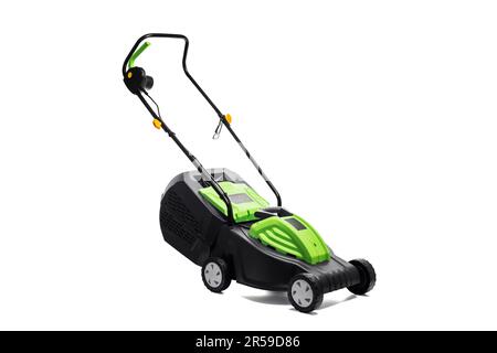 Garden electric lawn mower with a grass collector isolated on white background Stock Photo