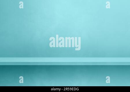 Empty shelf on an aqua blue concrete wall. Background template scene. Horizontal mockup Stock Photo