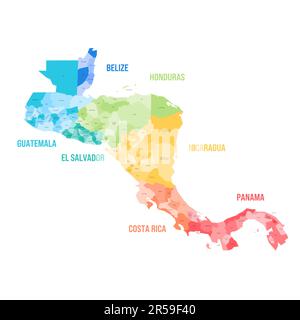 Countries of Central America - map with administrative divisions of Belize, Guatemala, Honduras, El Salvador, Nicaragua, Costa Rica and Panama. Colorful map with labels. Stock Vector