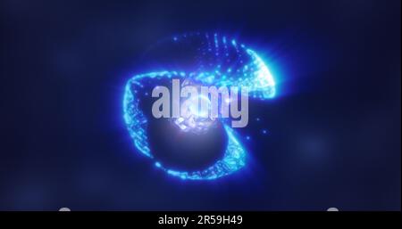 Abstract sphere atom with electrons flying glowing bright particles and ...