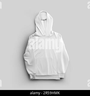 Mockup of white hoodie, top view nicely folded hood, fashionable unisex clothing, isolated on background. Longsleeve template with pocket.Texture stre Stock Photo