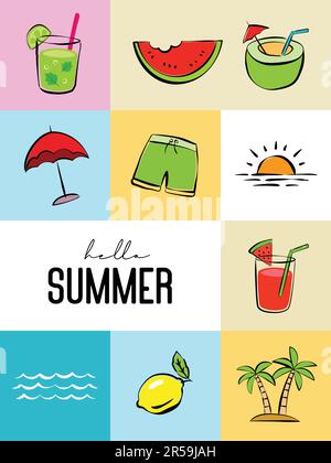 Hello summer with object element decoration background. Stock Vector