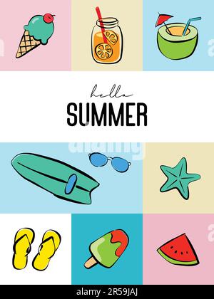 Hello summer with object element decoration background. Stock Vector