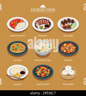 Set of chinese food menu. Asia street food illustration background. Stock Vector