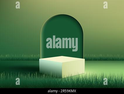 3D realistic empty white podium pedestal stand with grass foreground and backdrop on green backdround. You can use for product presentation, beauty sp Stock Vector