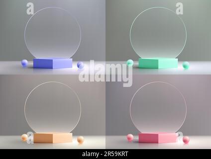 Set of 3D realistic empty podium stand with transparent glass circle backdrop decoration with balls on gray background modern minimal style. You can u Stock Vector