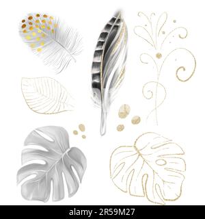 Watercolour Pheasant Feather, plume. Soft and downy feather of bird. monstera golden leaf For creating wedding design, cards, invitations, scrapbookin Stock Photo
