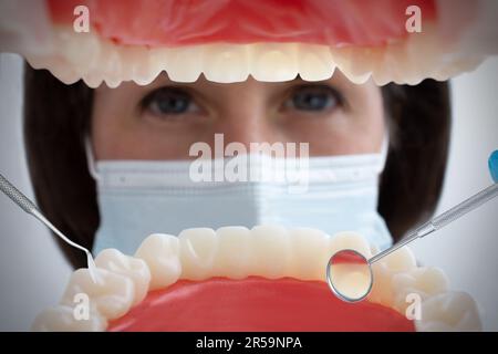 Shot from mouth looking out at female dentist. View from inside the dental jaw Stock Photo