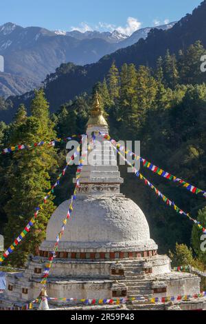 Vertical landscape view of Chendebji chorten buddhist monument near Trongsa, Bhutan - a stupa built in the Nepalese style decorated with prayer flags Stock Photo