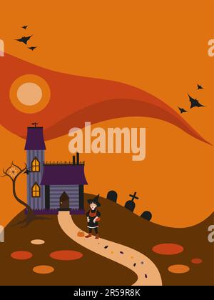 Halloween holiday scene card. A young witch with a kind face near the house, cemetery and a tree with web, bats flying in the sky. Candies on a road. Stock Vector