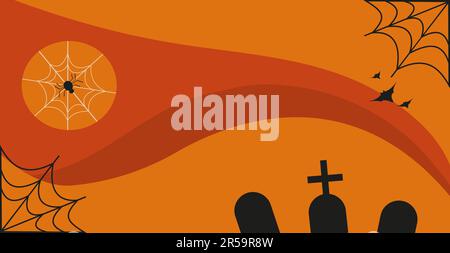 Halloween holiday card background. Spider on a web, graves, flying bats. Template skyline. Orange, red and black colors. Stock Vector