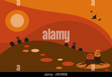 Halloween holiday card landscape. Graves, pumpkins, bats and stumps. Orange and red sky. Horizontal vector illustration. Stock Vector