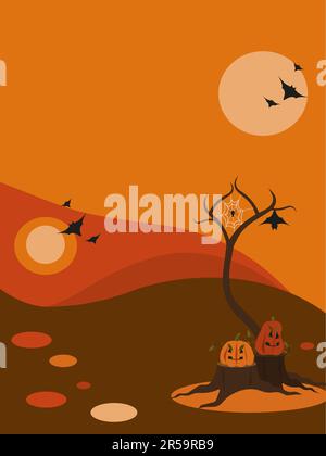 Vertical halloween scene. Pumpkins on stumps, autumn tree without leaves, spider on a web, bats. Autumn landscape, orange, red and brown colors. Flat Stock Vector