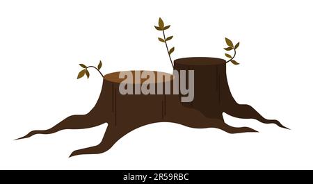 Two stumps with a few autumn leaves. Roots on both sides. Flat design vector illustration. Brown color. Stock Vector