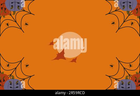 Halloween horizontal background. Web with spiders and pumpkins. Bats flying near the moon. Holiday card, flat design vector illustration. Stock Vector